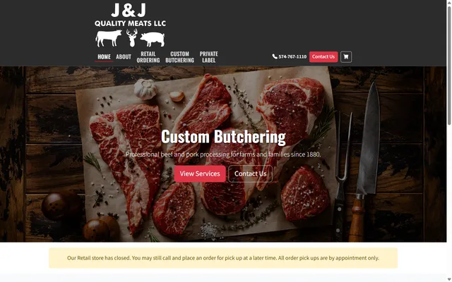 JJ Quality Meats website homepage showing product gallery and online ordering